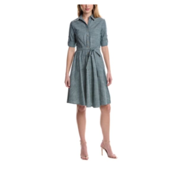 NWT- Sharagano Chambray Belted A Line Shirt Dress Size 12 - Picture 4 of 15